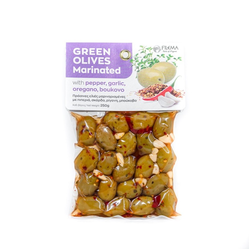 Atlas Green Olives with Pepper, Garlic, Oregano & Bukovo 250gr